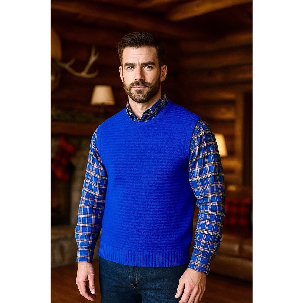 Pendleton Vintage Men’s Virgin Wool Blue Crew Neck Vest Ribbed Made In USA Sz S